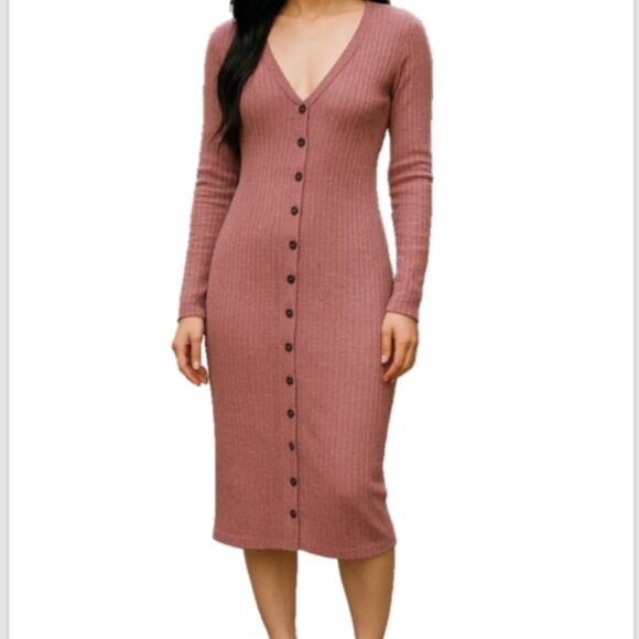 Forever 21 Pink Ribbed Bodycon Sweater Dress Small V-Neck Pullover Stretch - Picture 1 of 7